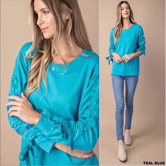 NEW! TEAL SWEATSHIRT WITH CINCHING SLEEVES LARGE - Picture 3 of 4